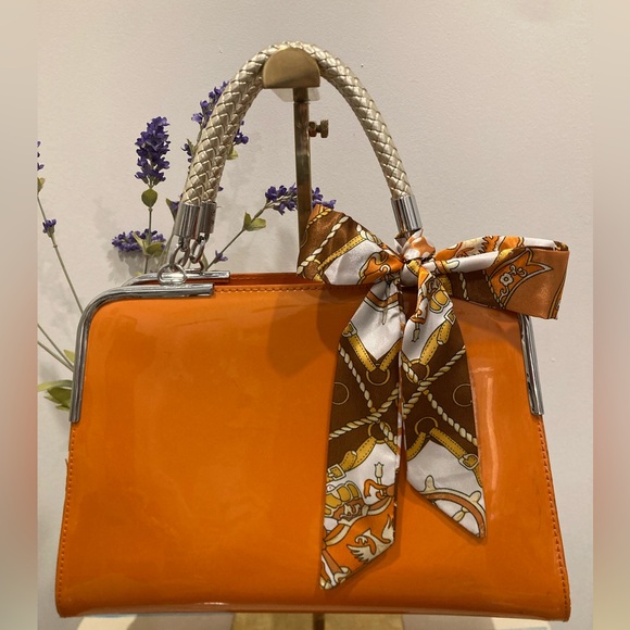 MG Collection Handbags - MG Collection Orange Faux Patent Leather Satchel with Scarf Accent